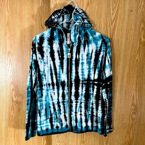 Pink Lotus Tops - Pink Lotus Turquoise/ Navy Tie-Dye Zip-Up Hoodie Jacket